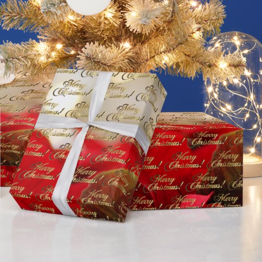 Merry kerst Elegant Gold Script Poinsettia Cadeaupapier (Feestdagen)