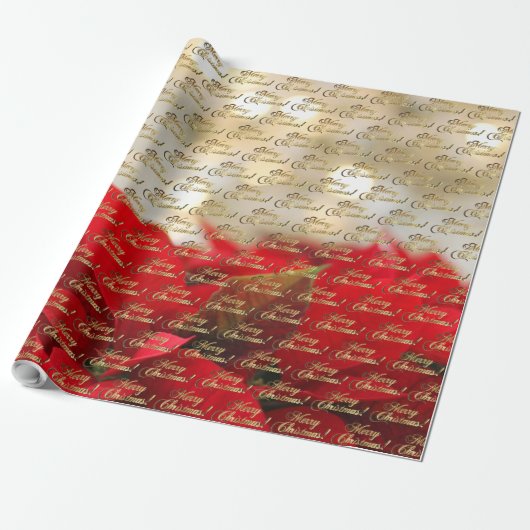 Merry kerst Elegant Gold Script Poinsettia Cadeaupapier (Uitgerold)