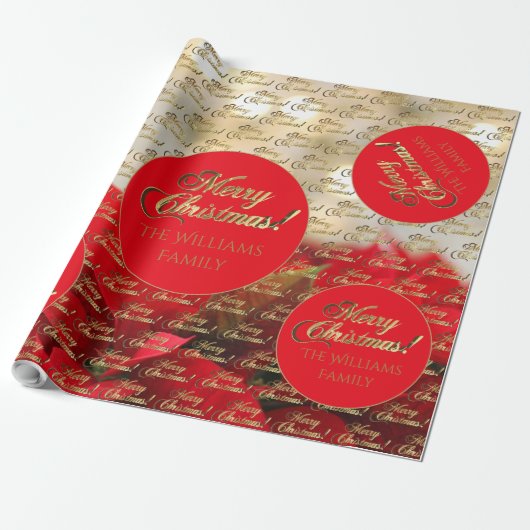 Merry kerst Elegant Gold Script Poinsettia Cadeaupapier (Uitgerold)