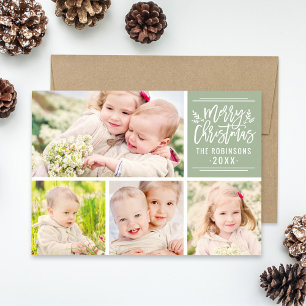 Merry kerst Elegant Green Script Photo Collage Feestdagenkaart