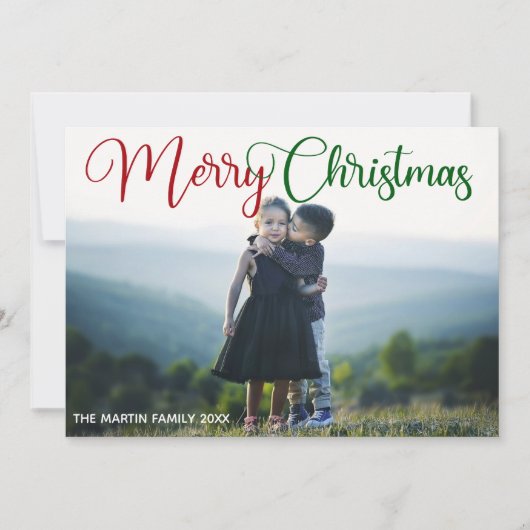 Merry kerst Elegant Red Green Script Foto Feestdagenkaart (Voorkant)