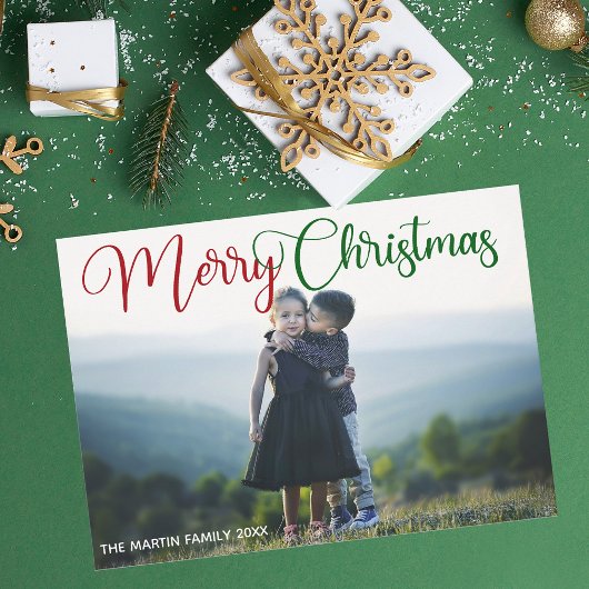 Merry kerst Elegant Red Green Script Foto Feestdagenkaart