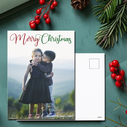 Merry kerst Elegant Red Green Typografie Foto Feestdagenkaart