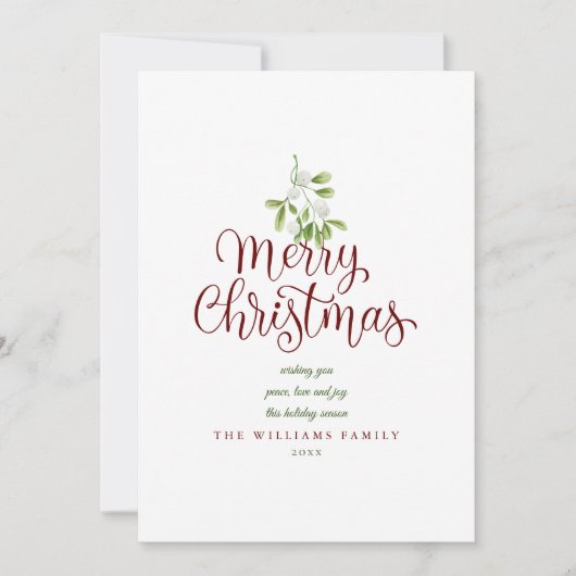 Merry kerst Elegant Script Mistletoe Burgundy Feestdagenkaart (Voorkant)
