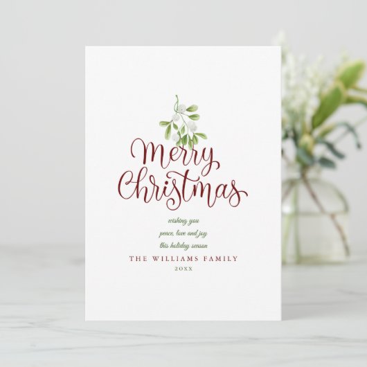 Merry kerst Elegant Script Mistletoe Burgundy Feestdagenkaart (Staand voorkant)