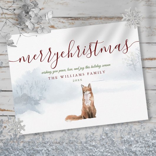 Merry kerst Elegant Script Winter Fox Briefkaart