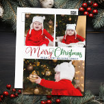 Merry kerst Elegant Typografie 3 Fotografie Briefkaart<br><div class="desc">Elegant Merry-briefkaart voor kerstfoto's met een mooie cursieve typografie in rood en groen. Dit moderne briefkaart van de familiefoto van de vakantie kenmerkt prachtige manuscript en jouw naam in blauw meer dan 3 foto's.</div>