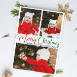 Merry kerst Elegant Typografie 3 Fotografie Feestdagenkaart<br><div class="desc">Elegant Merry-kerstfotokaart met mooie cursieve typografie in rood en groen. Deze moderne vakantiekaart voor familiefoto is uitgerust met een prachtig script en jouw naam over 3 foto's.</div>