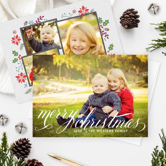 Merry kerst Elegant White Script Photo Collage Feestdagenkaart