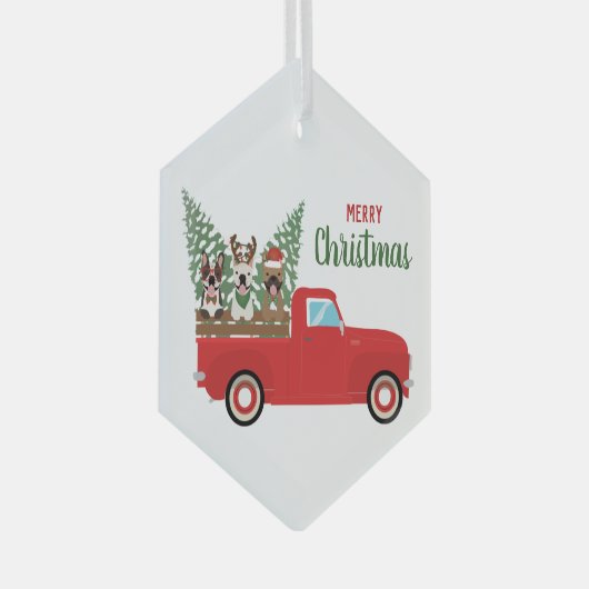 Merry kerst French Bulldogs Red Pickup Truck Glas Ornament (Voorkant Rechts)