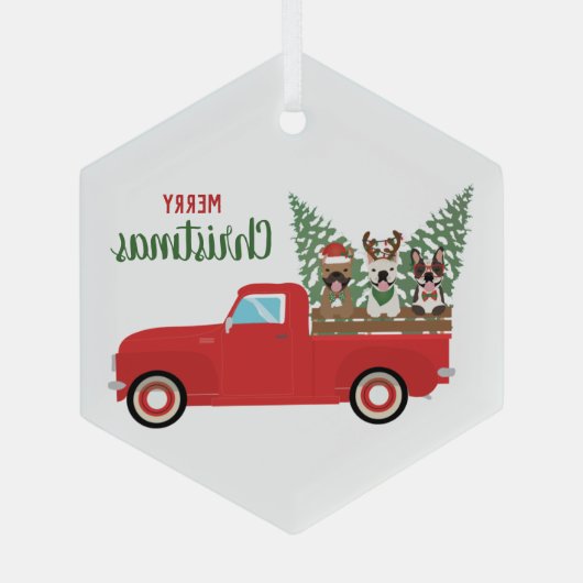 Merry kerst French Bulldogs Red Pickup Truck Glas Ornament (Achterkant)