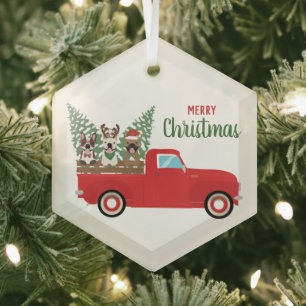 Merry kerst French Bulldogs Red Pickup Truck Glas Ornament