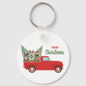 Merry kerst French Bulldogs Red Pickup Truck Sleutelhanger (Voorkant)