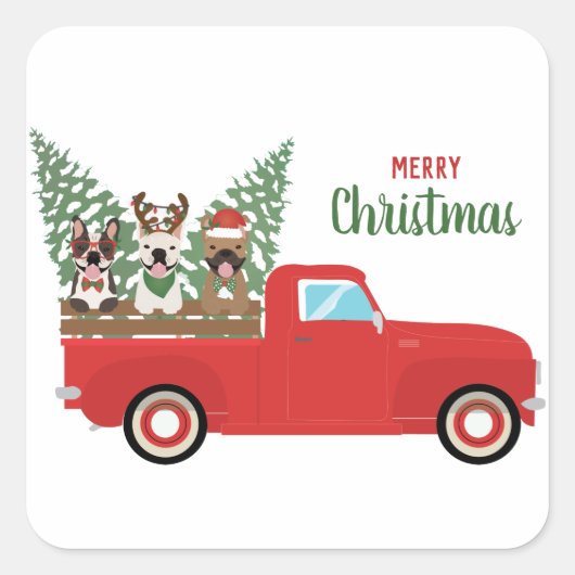 Merry kerst French Bulldogs Red Pickup Truck Vierkante Sticker (Voorkant)