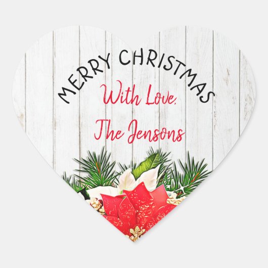 Merry kerst - Gepersonaliseerde Poinsettia Hart Sticker (Voorkant)