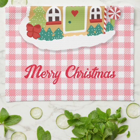 Merry kerst Gingerbrood House Pink Gingham Theedoek (Gevouwen)