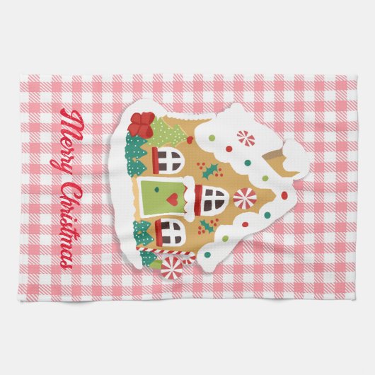 Merry kerst Gingerbrood House Pink Gingham Theedoek (Horizontaal)