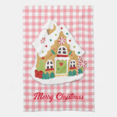 Merry kerst Gingerbrood House Pink Gingham Theedoek (Verticaal)