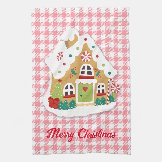 Merry kerst Gingerbrood House Pink Gingham Theedoek (Verticaal)