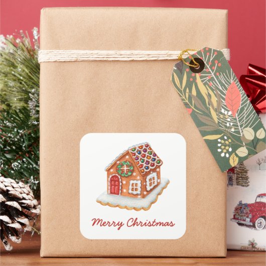 Merry kerst Gingerbrood House Vierkante Sticker (Feestdagen)