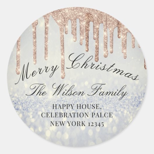 Merry kerst Glitter RSVP Roos Smoky Blue Ronde Sticker (Voorkant)