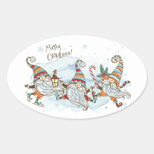 Merry kerst Gnomes Oval Sticker (Voorkant)