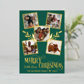 Merry kerst Gold Photo Collage Green Folie Feestdagenkaart (Staand Voorkant)