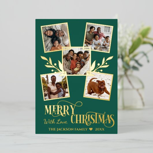 Merry kerst Gold Photo Collage Green Folie Feestdagenkaart (Staand Voorkant)