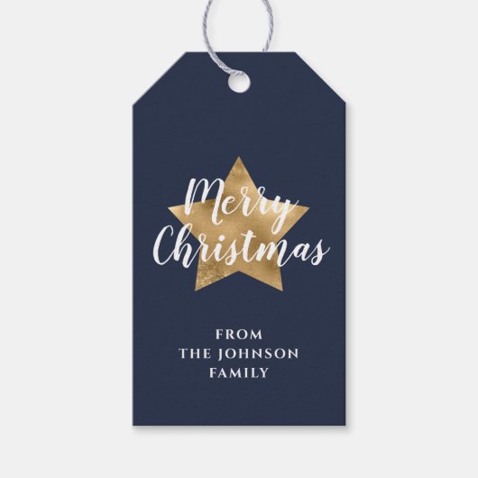 Merry kerst Gold Star Navy Blue Cadeaulabel (Voorkant)