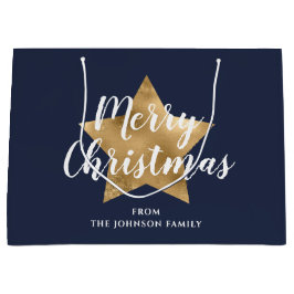 Merry kerst Gold Star Navy Blue Groot Cadeauzakje