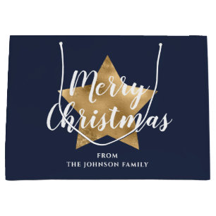 Merry kerst Gold Star Navy Blue Groot Cadeauzakje