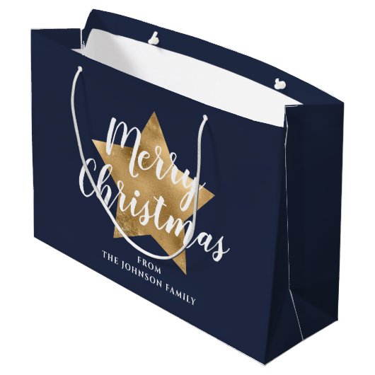 Merry kerst Gold Star Navy Blue Groot Cadeauzakje (Achterkant Gekanteld)