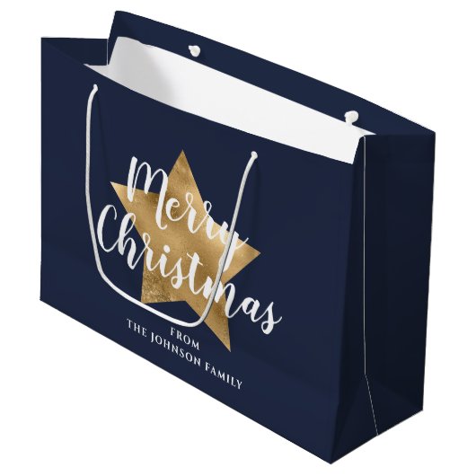 Merry kerst Gold Star Navy Blue Groot Cadeauzakje (Voorkant Gekanteld)
