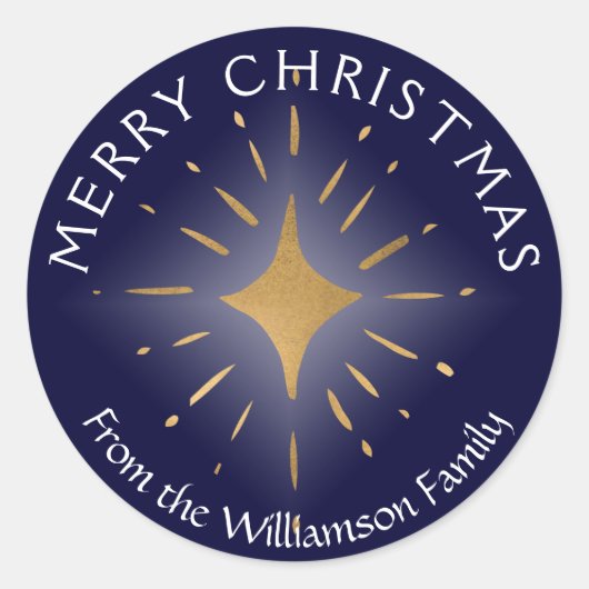 Merry kerst Gold Star Navy Blue Ronde Sticker (Voorkant)