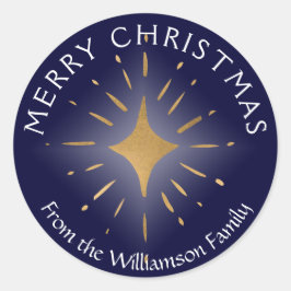 Merry kerst Gold Star Navy Blue Ronde Sticker