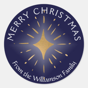 Merry kerst Gold Star Navy Blue Ronde Sticker