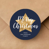 Merry kerst Gold Star Navy Blue Ronde Sticker