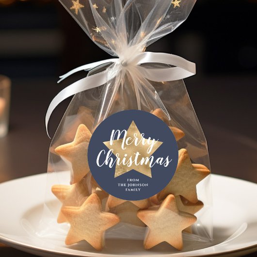 Merry kerst Gold Star Navy Blue Ronde Sticker