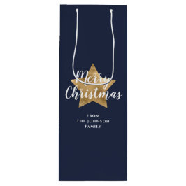Merry kerst Gold Star Navy Blue Wijn Cadeautas