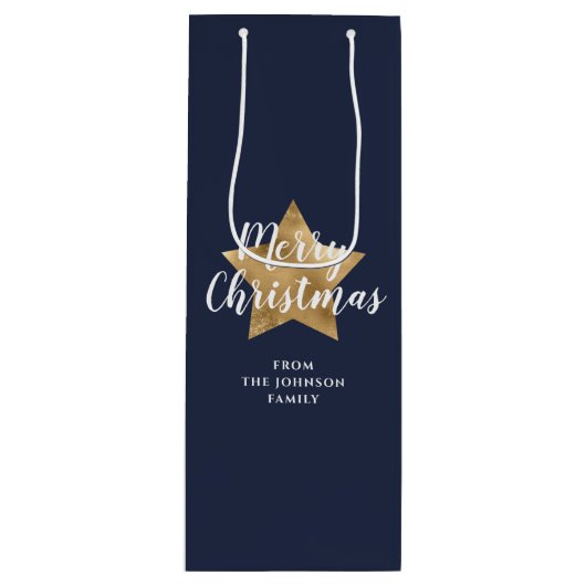 Merry kerst Gold Star Navy Blue Wijn Cadeautas (Voorkant)