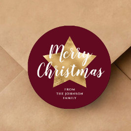 Merry kerst Gold Star Red Burgundy Ronde Sticker