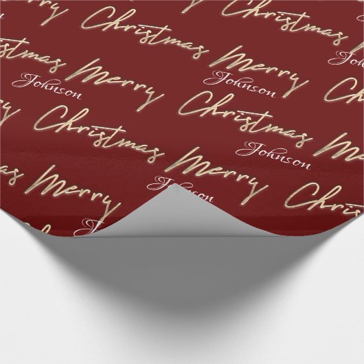 Merry kerst Golden Script Name Custom Burgundy Cadeaupapier (Hoek)