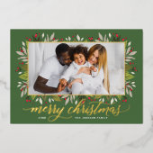 Merry kerst Green Gold legant script Folie Feestdagenkaart (Voorkant)