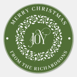 Merry kerst Green Round White Holly Wreath Joy Ronde Sticker