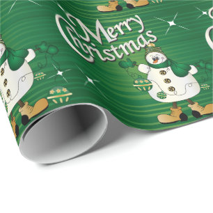Merry kerst Green Snowman Cadeaupapier