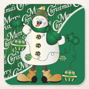 Merry kerst Green Snowman Kartonnen Onderzetters