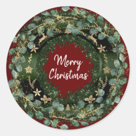 Merry kerst Green Wreath Winter Gold Burgundy Ronde Sticker