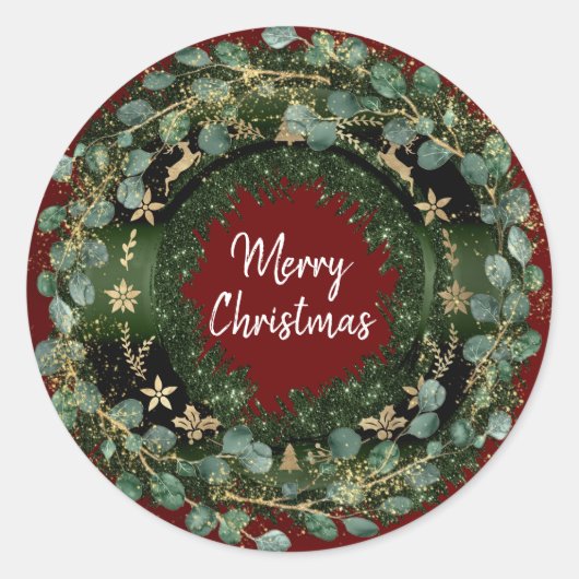 Merry kerst Green Wreath Winter Gold Burgundy Ronde Sticker (Voorkant)