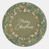 Merry kerst Green Wreath Woodland Wood Mustard Ronde Sticker (Voorkant)