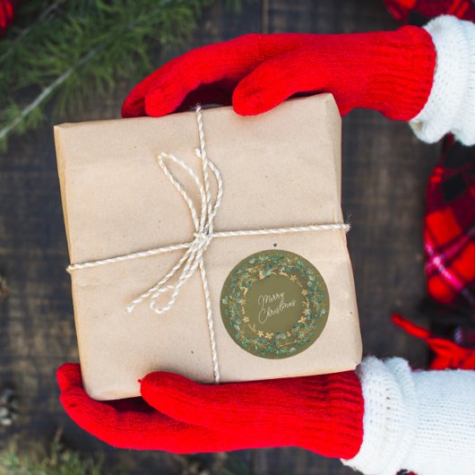 Merry kerst Green Wreath Woodland Wood Mustard Ronde Sticker